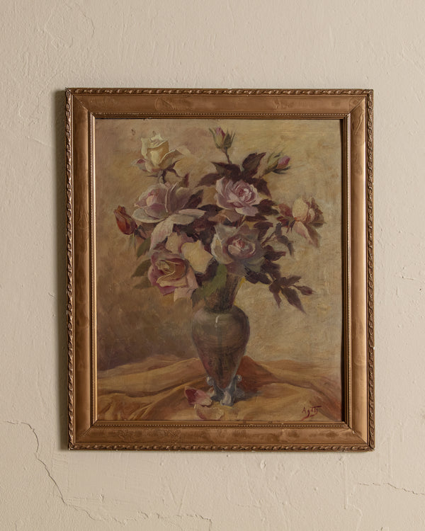 Romantic Vase of Roses Still Life Oil Painting, Spain, 1930's