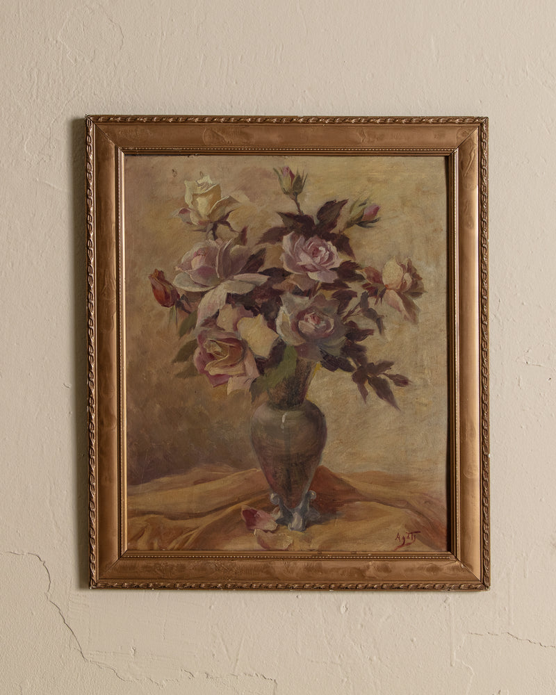 Romantic Vase of Roses Still Life Oil Painting, Spain, 1930's