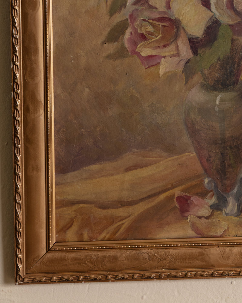 Romantic Vase of Roses Still Life Oil Painting, Spain, 1930's