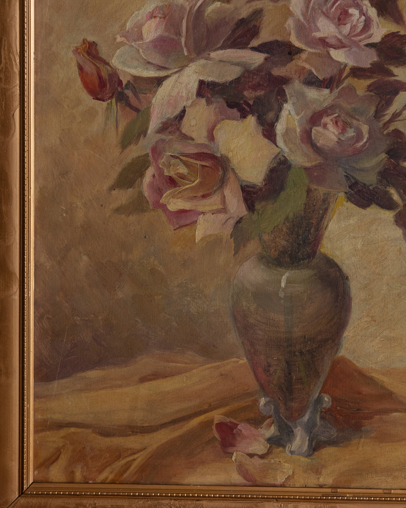 Romantic Vase of Roses Still Life Oil Painting, Spain, 1930's