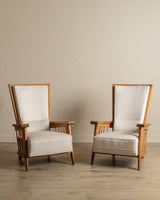 Oak High Back Armchairs, Manner of Jacques Adnet, France, 1940's (2 available)