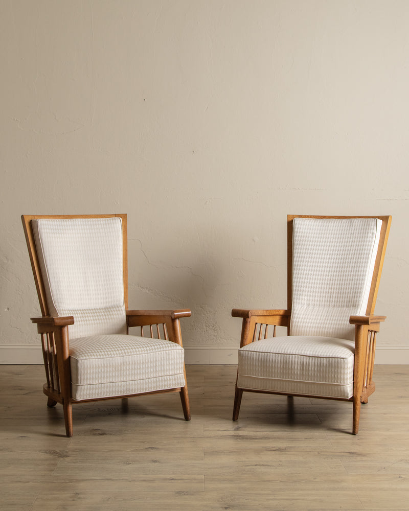 Oak High Back Armchairs, Manner of Jacques Adnet, France, 1940's (2 available)