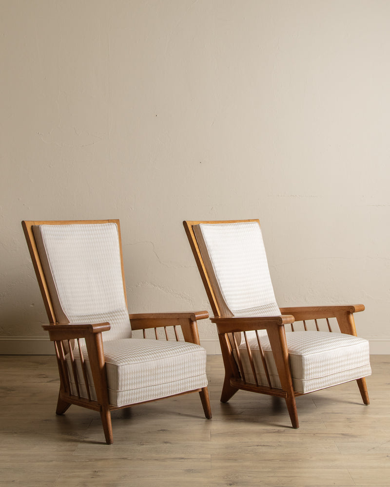 Oak High Back Armchairs, Manner of Jacques Adnet, France, 1940's (2 available)