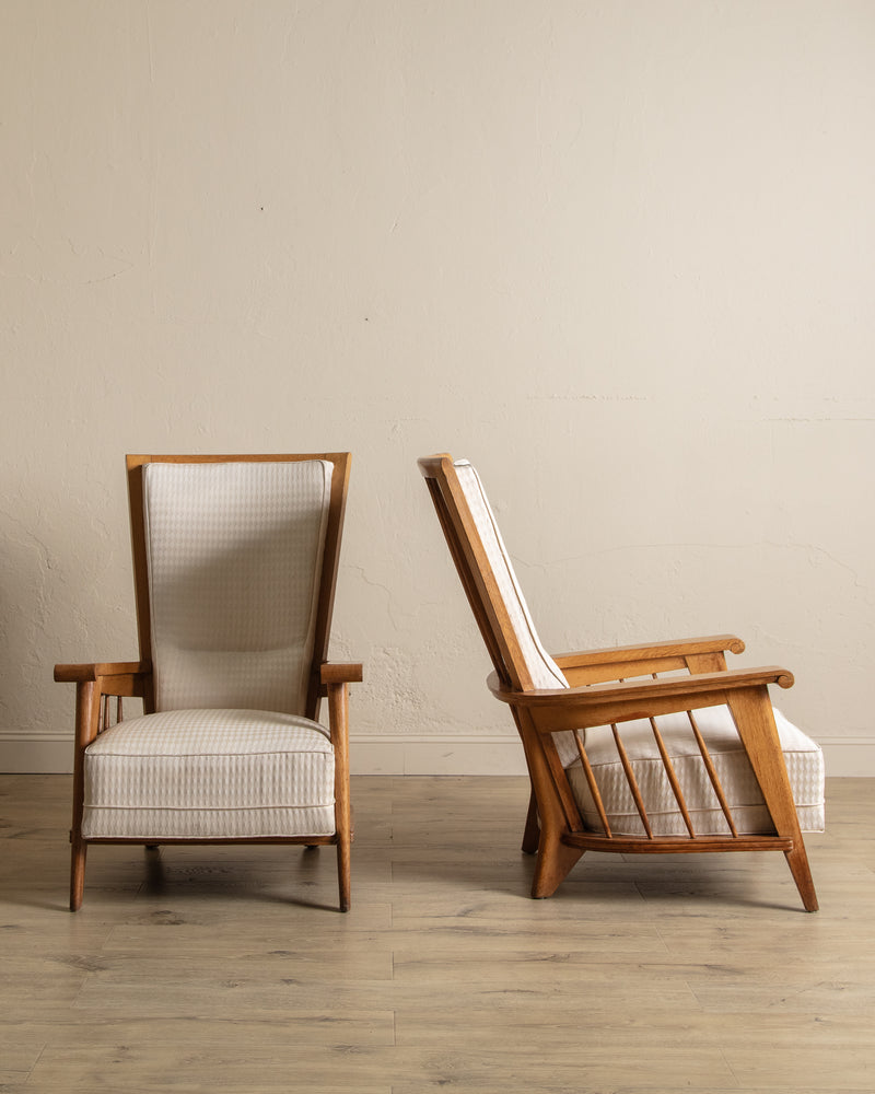 Oak High Back Armchairs, Manner of Jacques Adnet, France, 1940's (2 available)