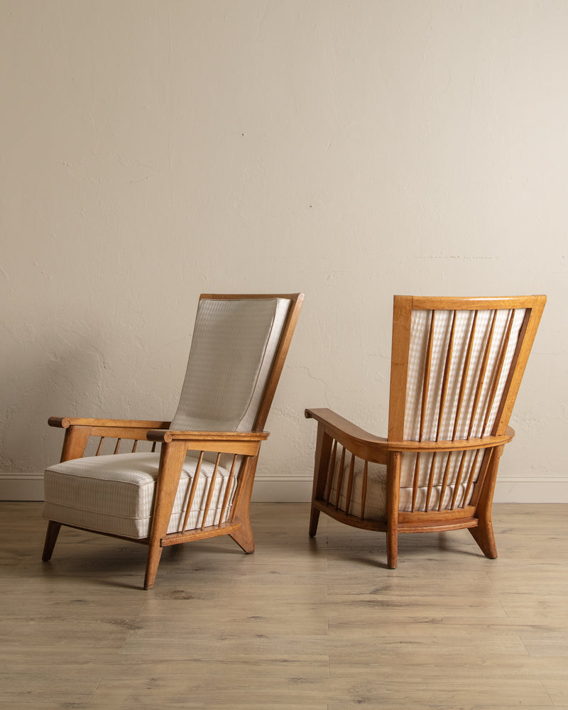 Oak High Back Armchairs, Manner of Jacques Adnet, France, 1940's (2 available)