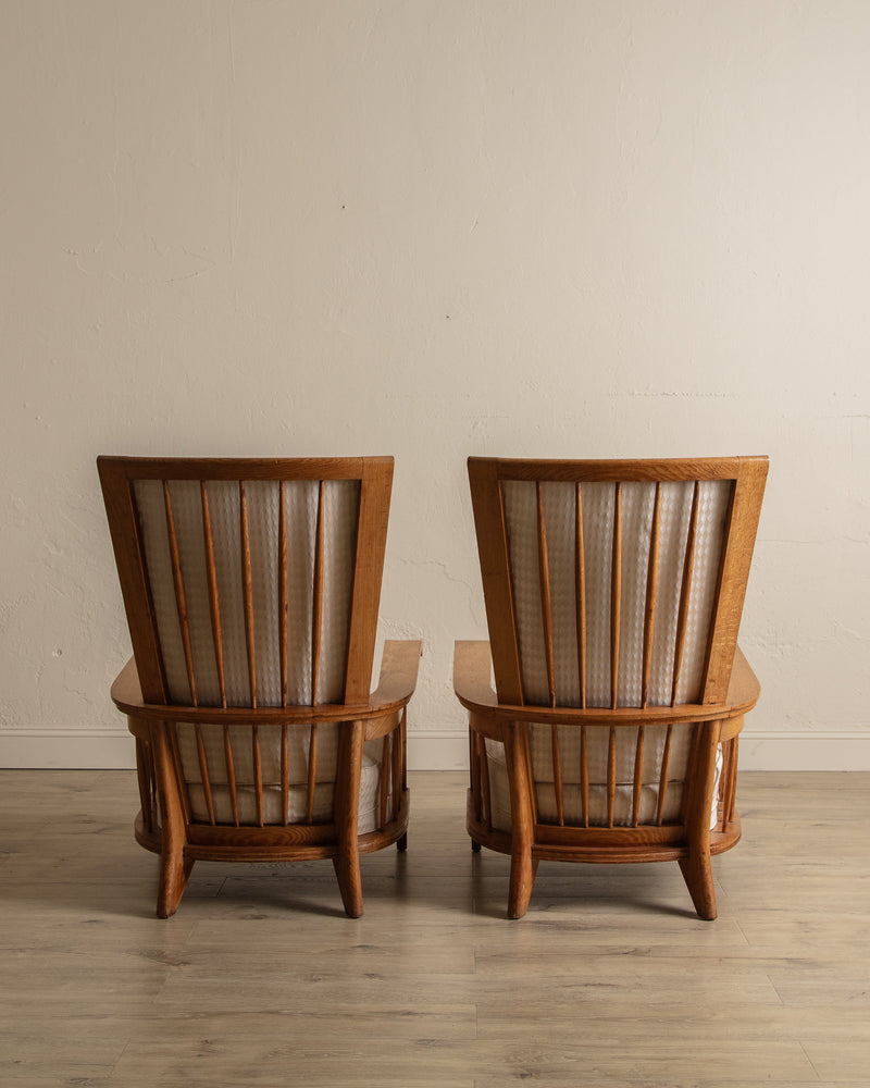 Oak High Back Armchairs, Manner of Jacques Adnet, France, 1940's (2 available)