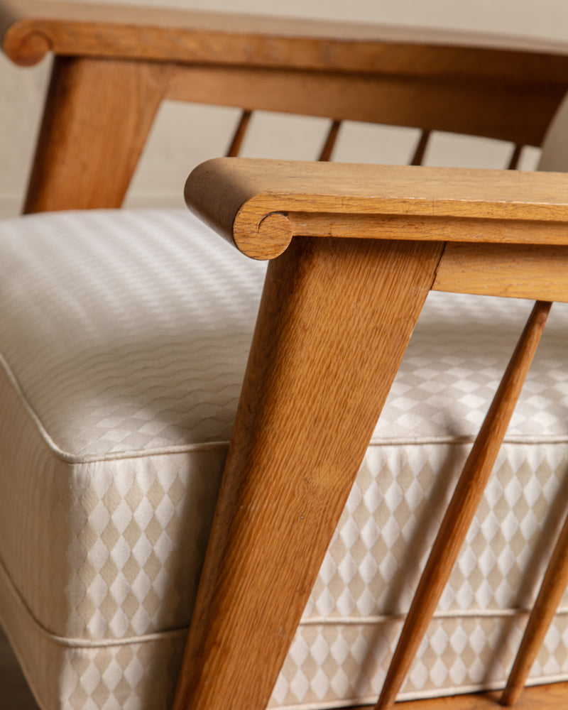 Oak High Back Armchairs, Manner of Jacques Adnet, France, 1940's (2 available)