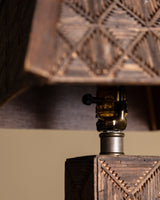 Tramp Art Dark Wood Matchstick Table Lamp, America, Early 20th Century - Lone Fox