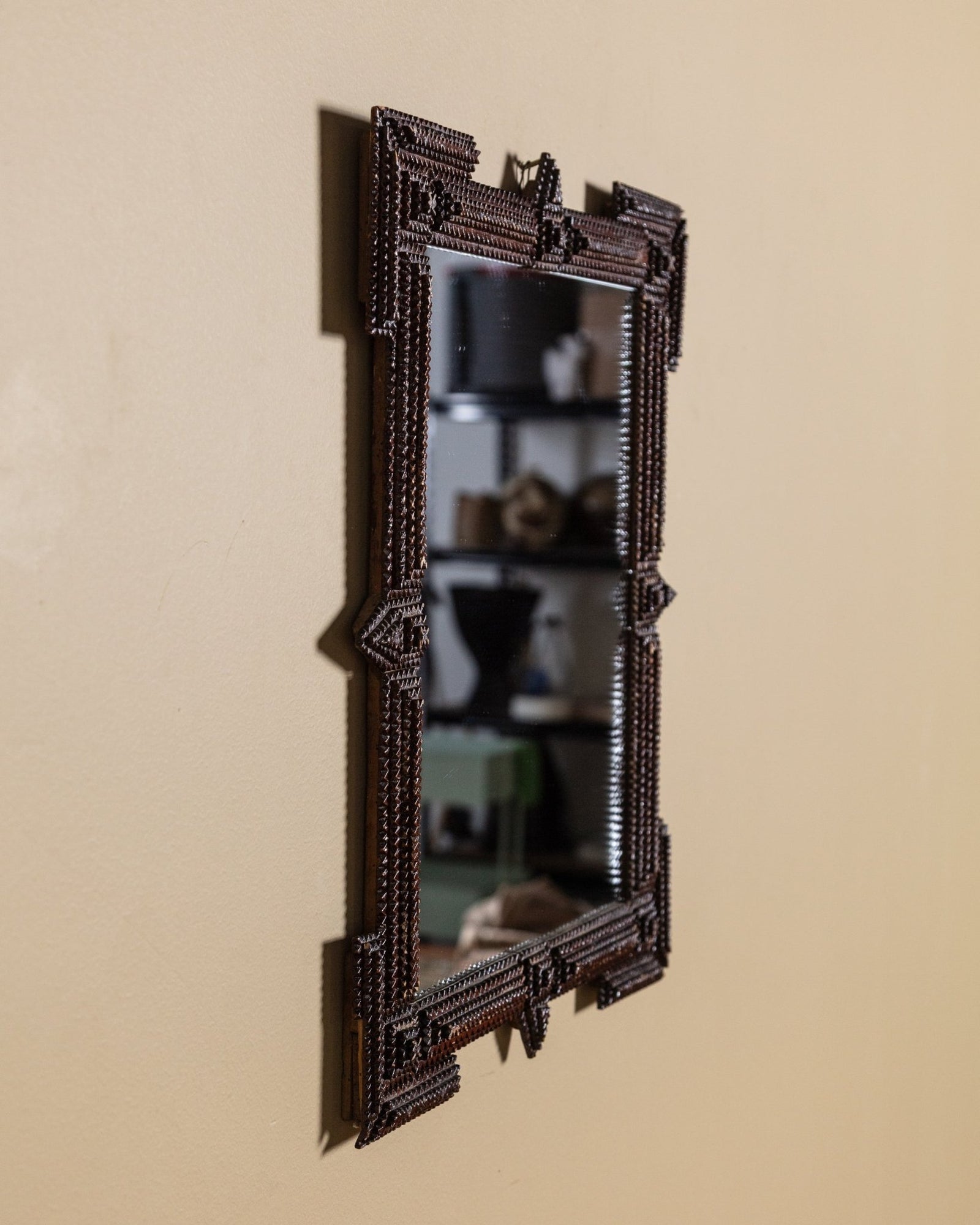 Tramp Art Mirror with Exaggerated Corners & Points, Late 19th