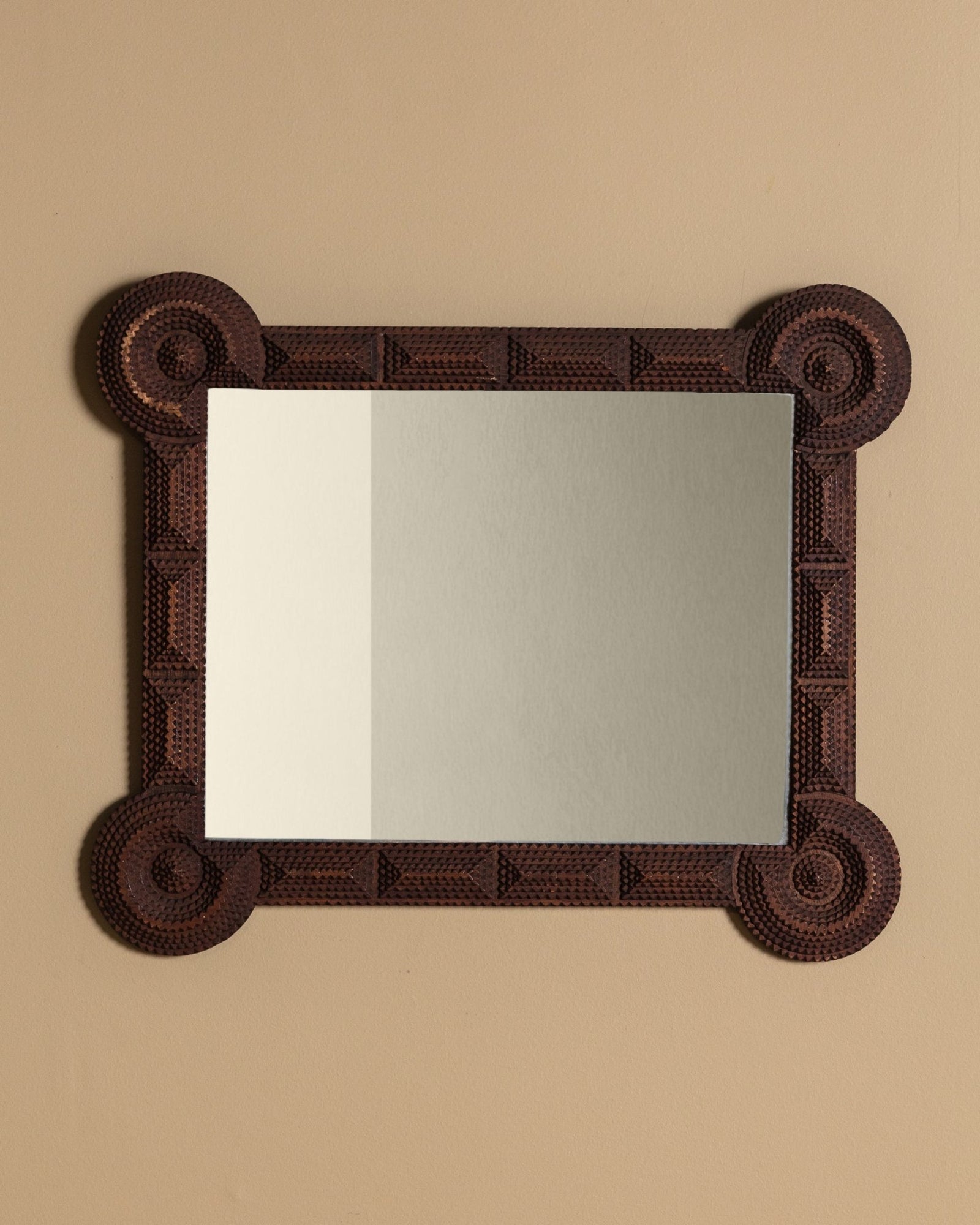 Tramp Art Spiral Rosette Corner Mirror, Central Europe, 19th