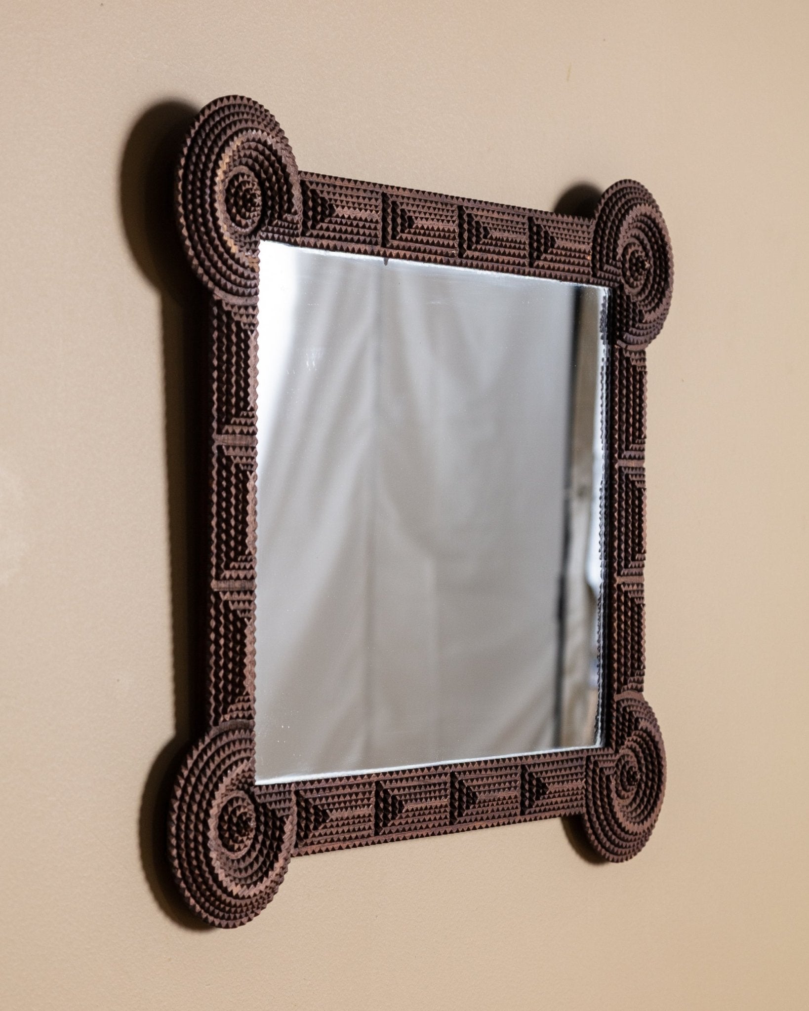Tramp Art Spiral Rosette Corner Mirror, Central Europe, 19th