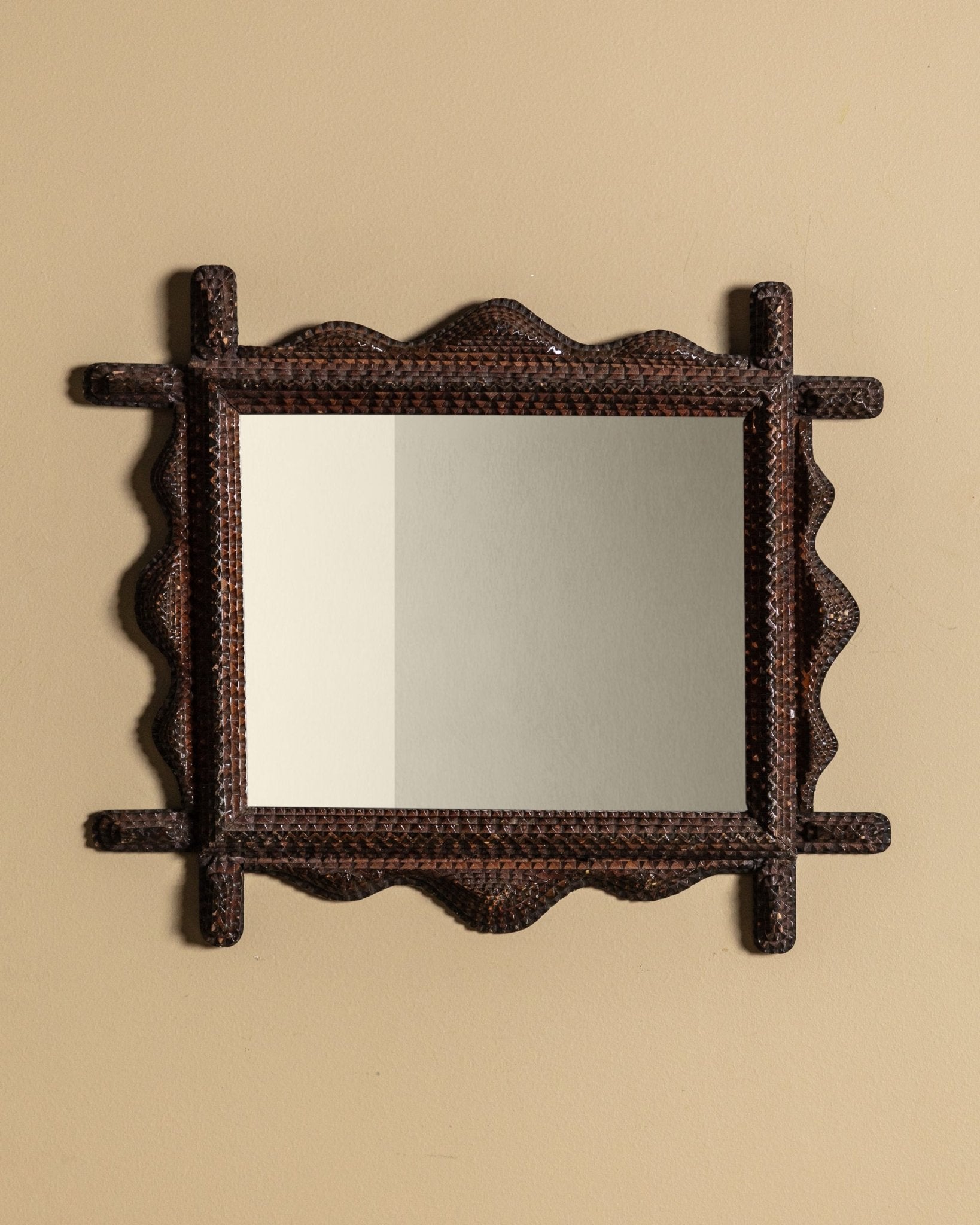 Tramp Art Wavy Edge Mirror with Cross Beam Corners, Late 19th