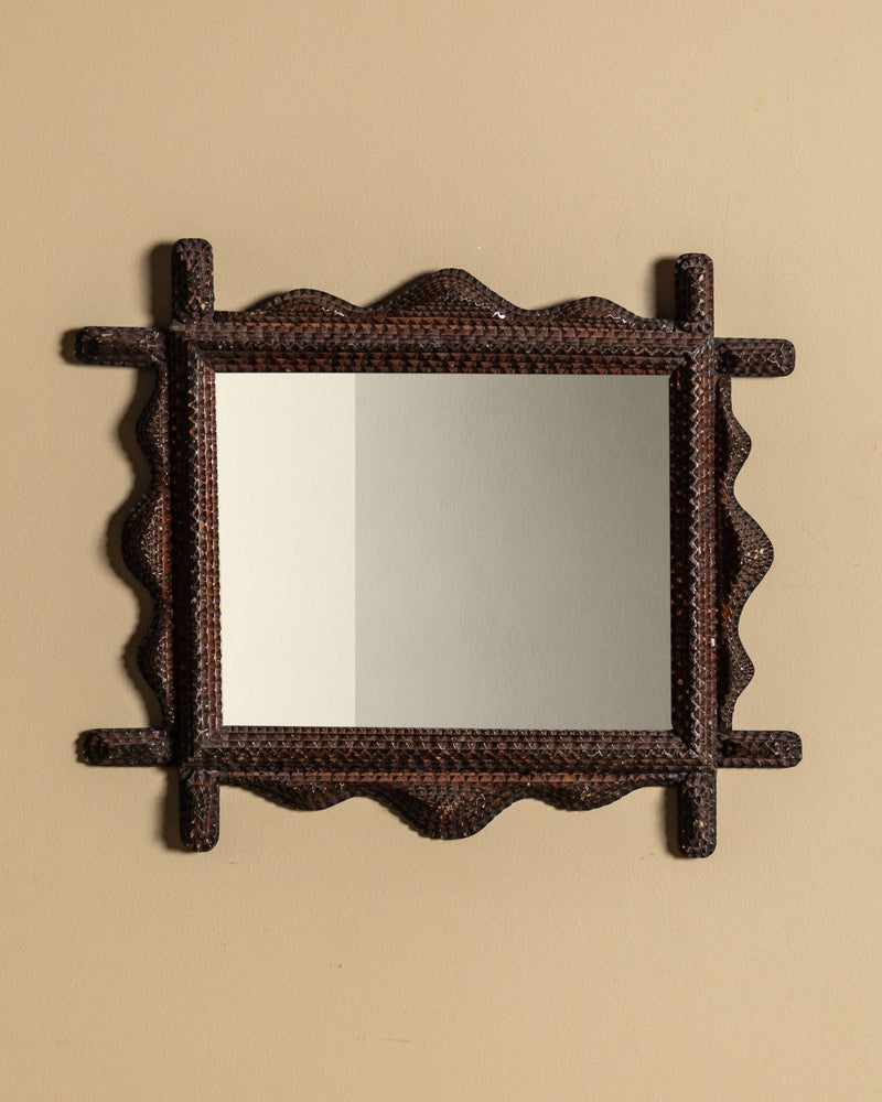 Tramp Art Wavy Edge Mirror with Cross Beam Corners, Late 19th