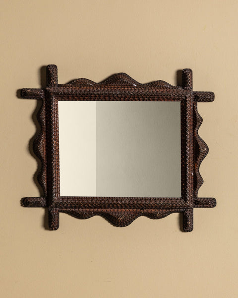 Tramp Art Wavy Edge Mirror with Cross Beam Corners, Late 19th