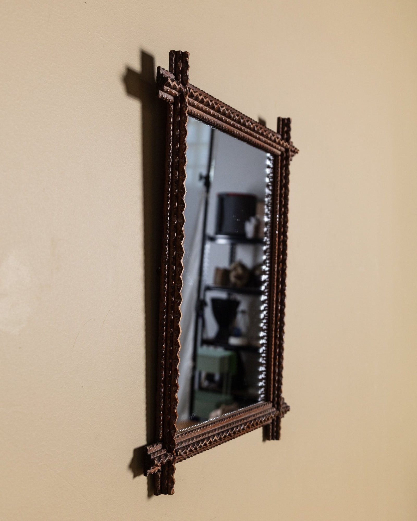 Tramp Art Zigzag Mirror with Crossed Corners, Late 19th Century
