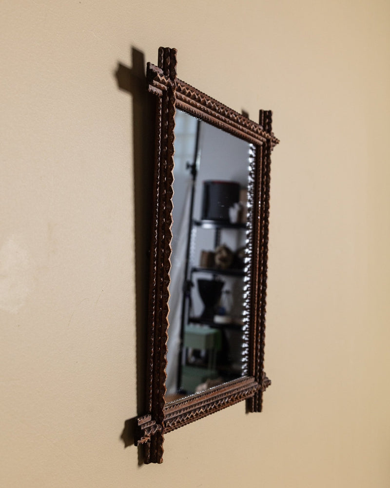 フランス アンティーク Tramp Art Mirror ミラー 鏡 Tramp Art Zigzag Mirror with Crossed Corners, Late 19th Century