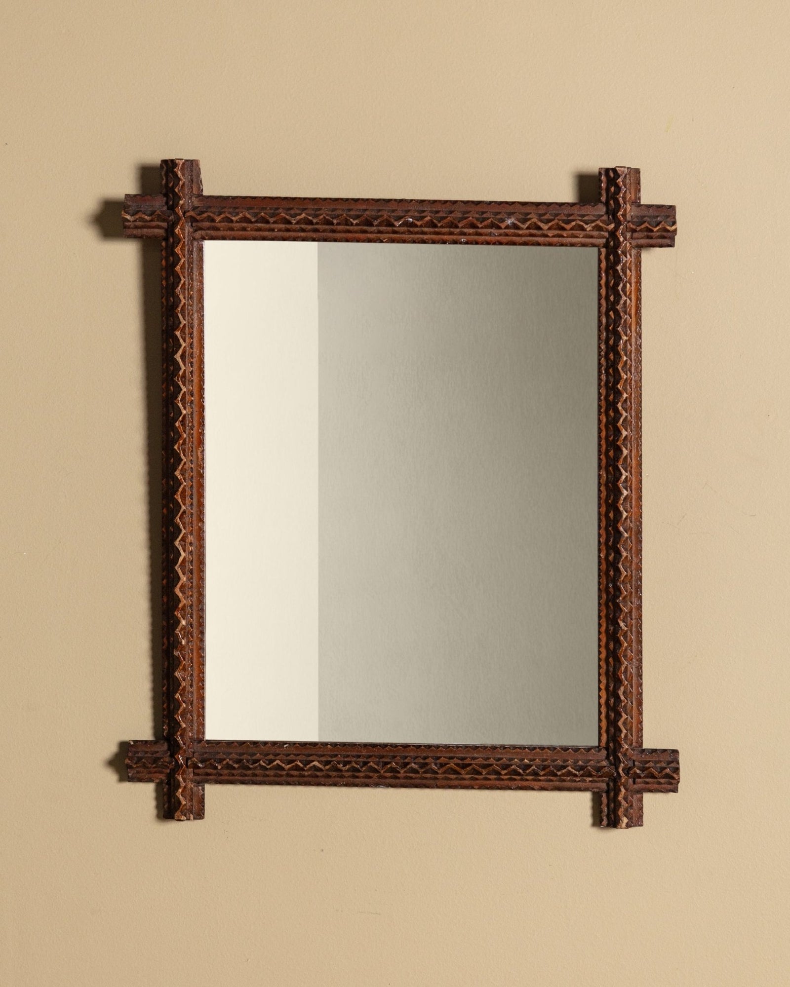 Tramp Art Zigzag Mirror with Crossed Corners, Late 19th Century