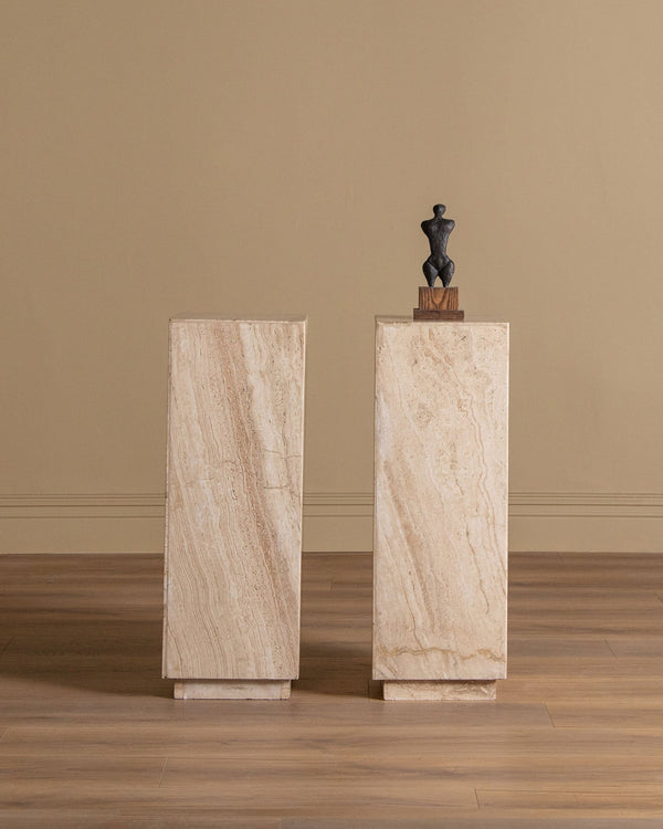 Travertine Pedestal w/ Recessed Base, 1970's (2 Available) - Lone Fox