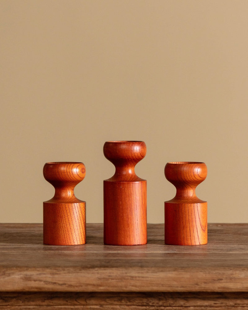 Turned Teak Taper Holders, Set of 3, Scandinavia, 1960's - Lone Fox
