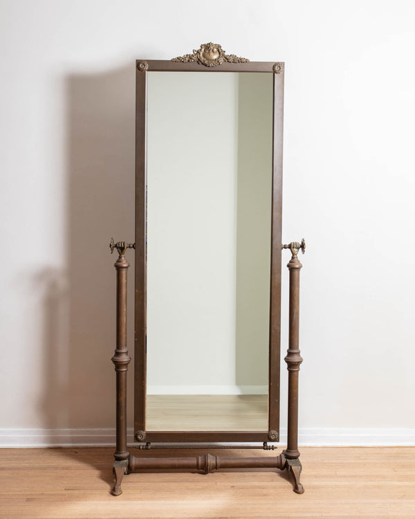 Antique Bronze Standing Cheval Mirror w/ Hand Details