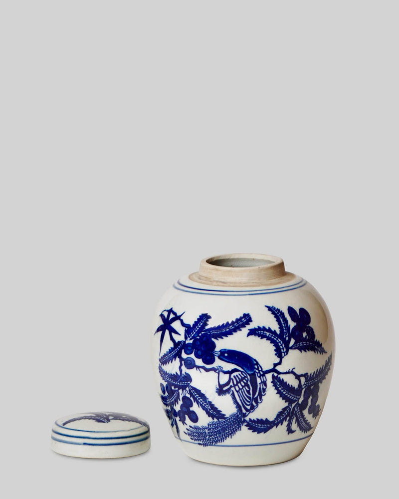Blue and White Porcelain Bird and Flower Round Jar