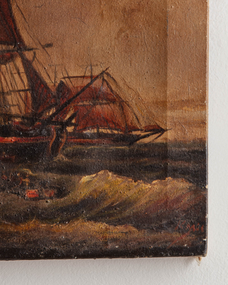 Antique French 19th Century Ship Oil Painting