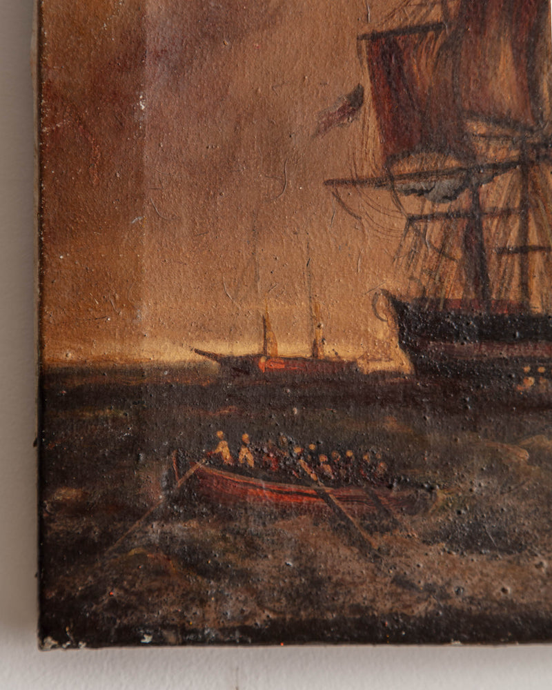 Antique French 19th Century Ship Oil Painting