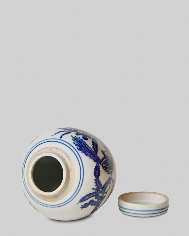 Blue and White Porcelain Bird and Flower Round Jar