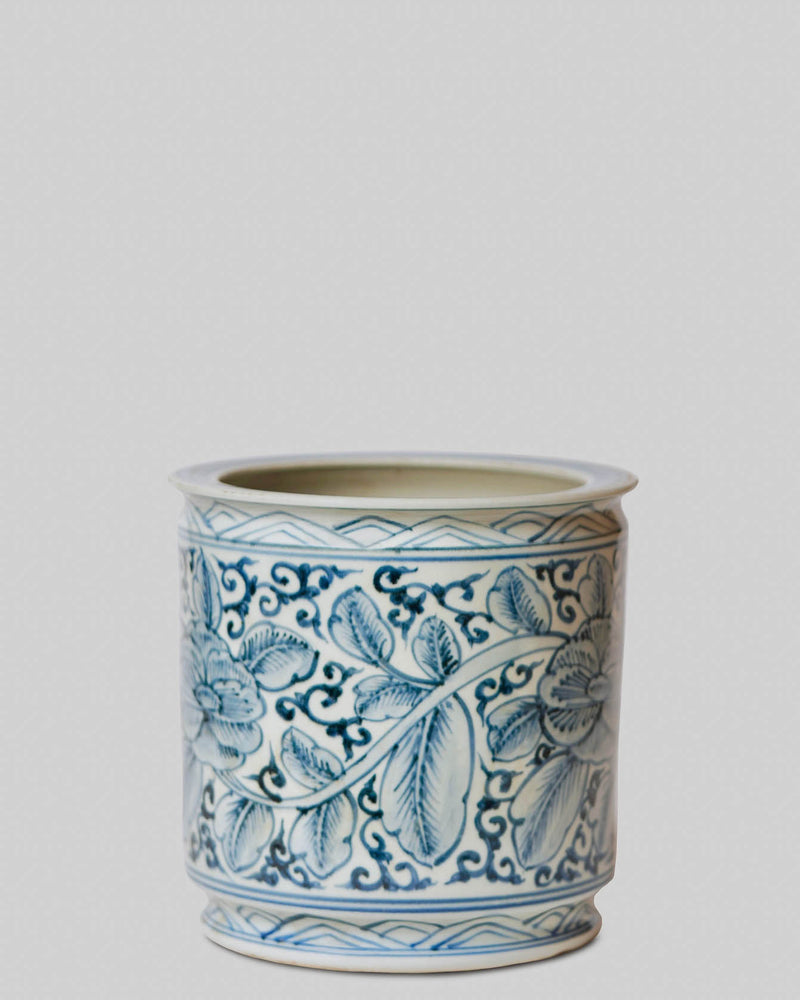 Rustic Rose Blue and White Porcelain Notched Rim Cachepot