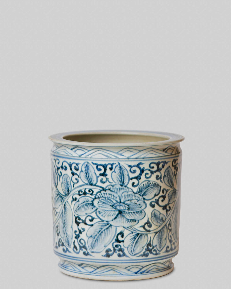 Rustic Rose Blue and White Porcelain Notched Rim Cachepot