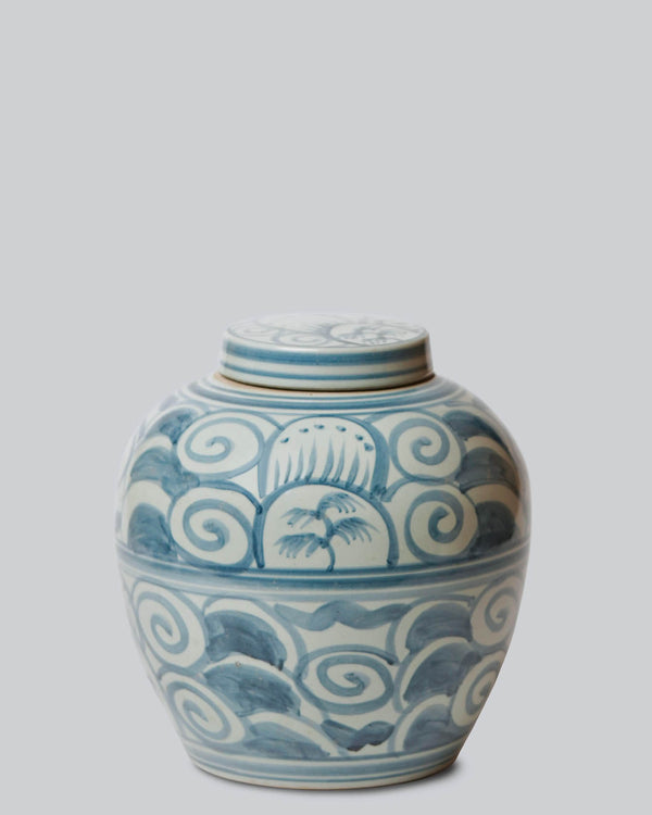 Lidded Curlicue Blue and White Porcelain Storage Jar