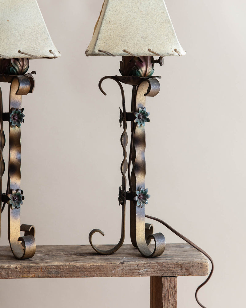 Pair of Wavy Spanish Revival Iron Lamps w/ Leather Shades
