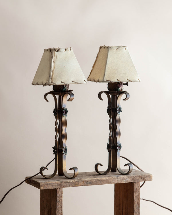 Pair of Wavy Spanish Revival Iron Lamps w/ Leather Shades