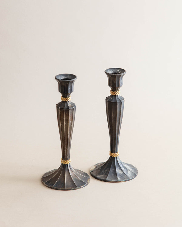 Tarnished Pewter Candle Stick w/ Brass Braid (pair)