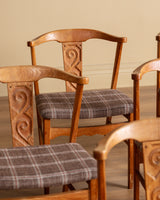 Set of 6 Danish Carved Oak Dining Chairs in Cabin Plaid, 1960's