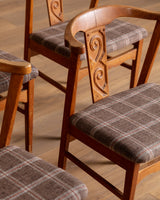 Set of 6 Danish Carved Oak Dining Chairs in Cabin Plaid, 1960's