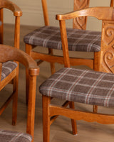 Set of 6 Danish Carved Oak Dining Chairs in Cabin Plaid, 1960's
