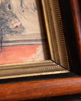 Victorian Ladies & Dog Watercolor Painting in Wood Frame, 19th Century - Lone Fox
