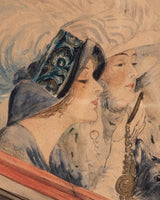 Victorian Ladies & Dog Watercolor Painting in Wood Frame, 19th Century - Lone Fox