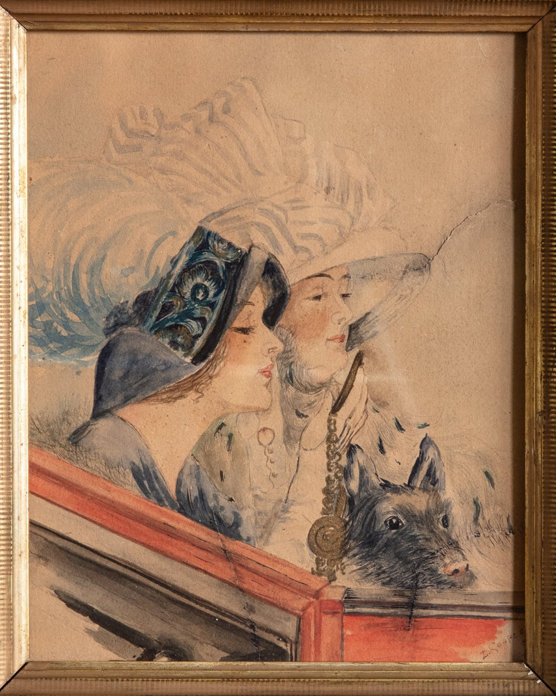 Victorian Ladies & Dog Watercolor Painting in Wood Frame, 19th Century - Lone Fox