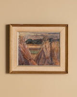 Wheat Sheaves Harvest Landscape in Gold Frame, Belgium, 1930s - Lone Fox