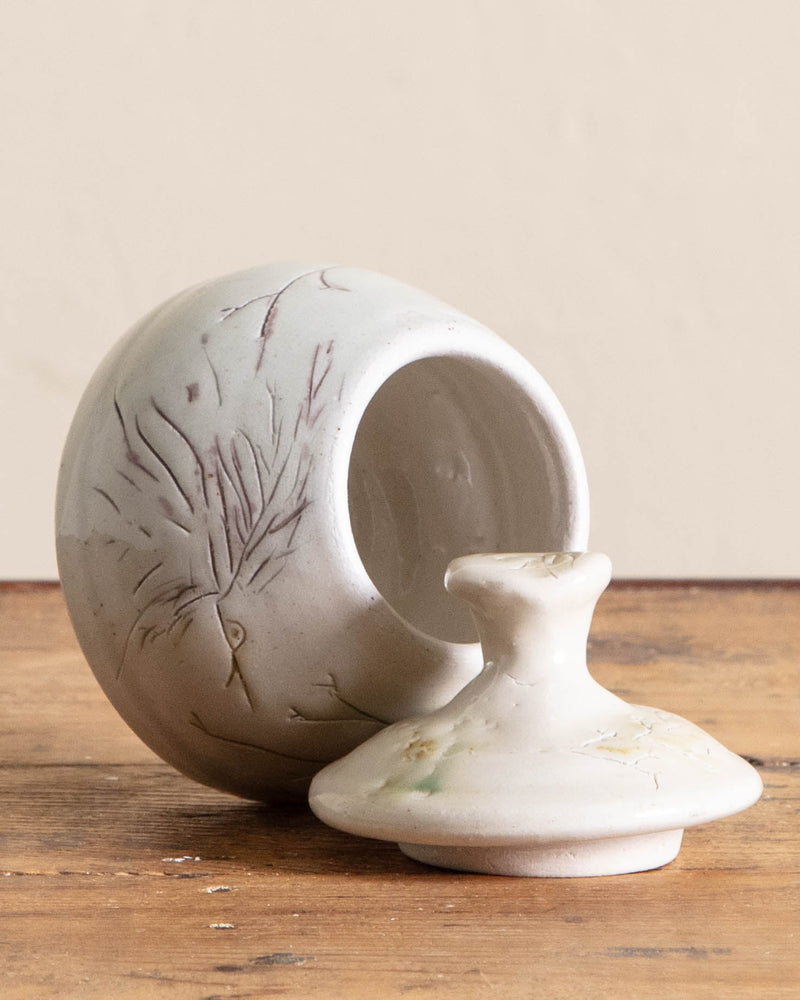 White Studio Pottery Canister w/ Lid, signed - Lone Fox