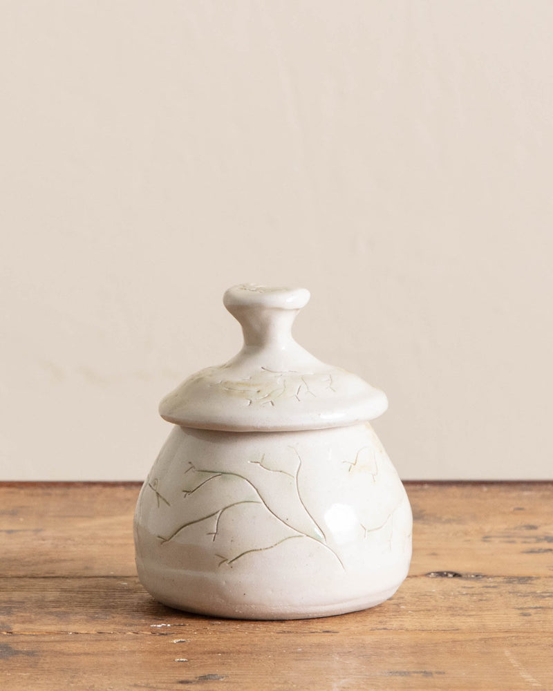 White Studio Pottery Canister w/ Lid, signed - Lone Fox