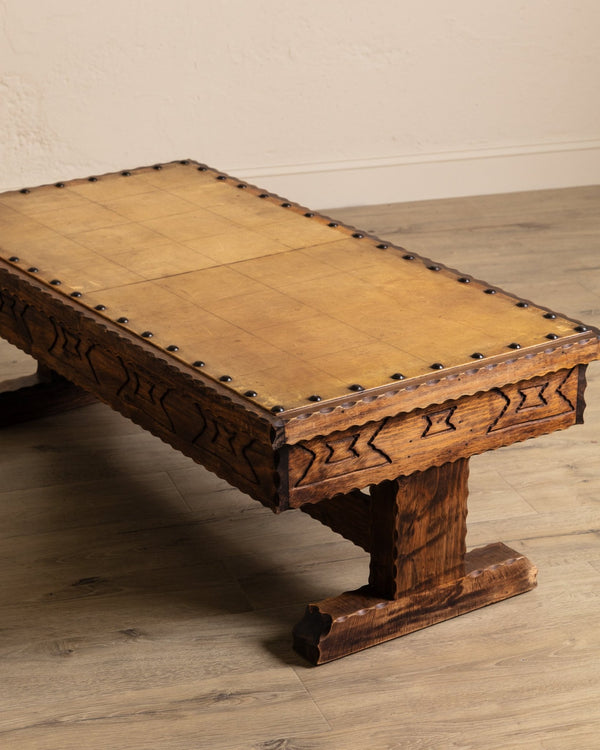 Witco Style Carved Wood & Leather Coffee Table, 1970's - Lone Fox