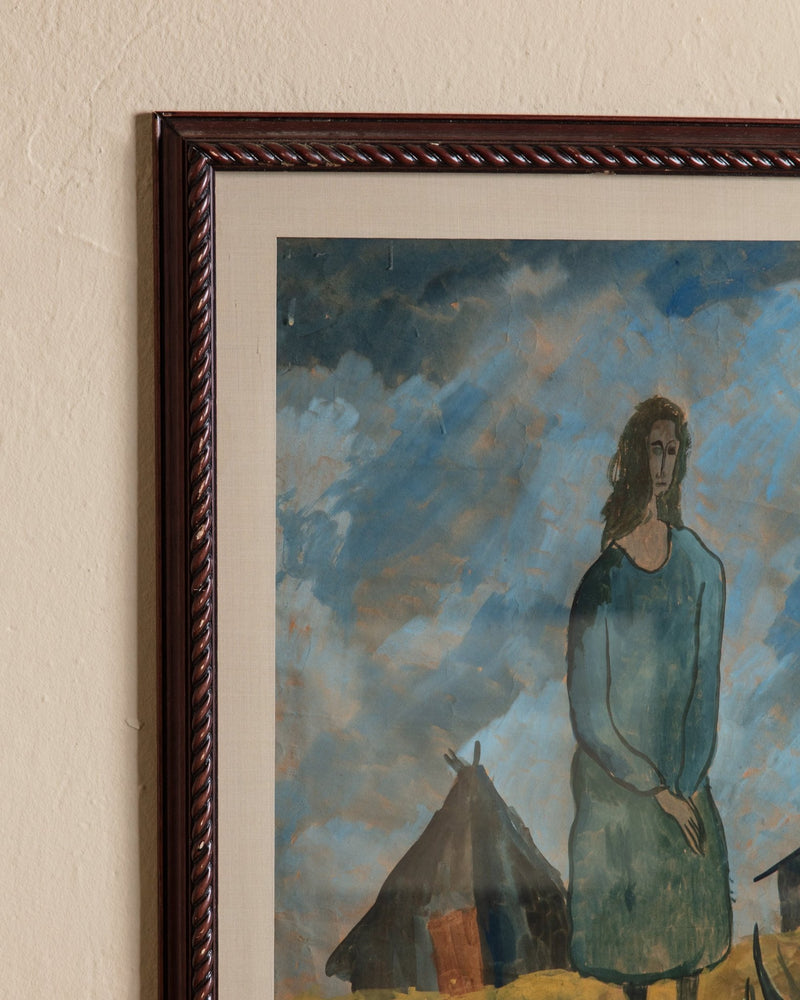 Woman in Field Watercolor Painting, Denmark, 1959 - Lone Fox