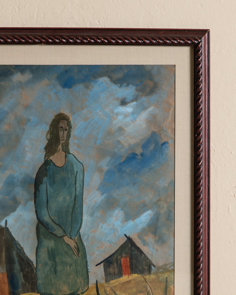 Woman in Field Watercolor Painting, Denmark, 1959 - Lone Fox