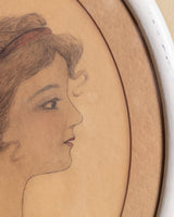 Woman in Profile Pencil Portrait in Cream Oval Frame - Lone Fox