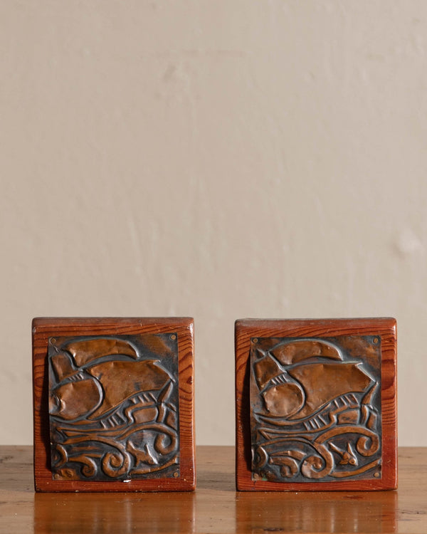 Wood & Copper Embossed Ship Bookends - Lone Fox