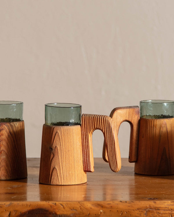 Wood & Hammered Glass Mugs by Willy Johansson, Norway, 1950's - Lone Fox