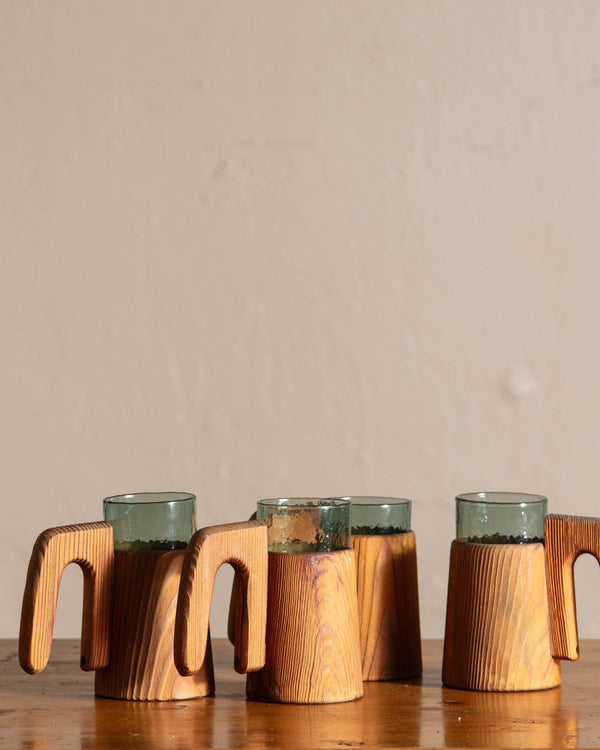 Wood & Hammered Glass Mugs by Willy Johansson, Norway, 1950's - Lone Fox